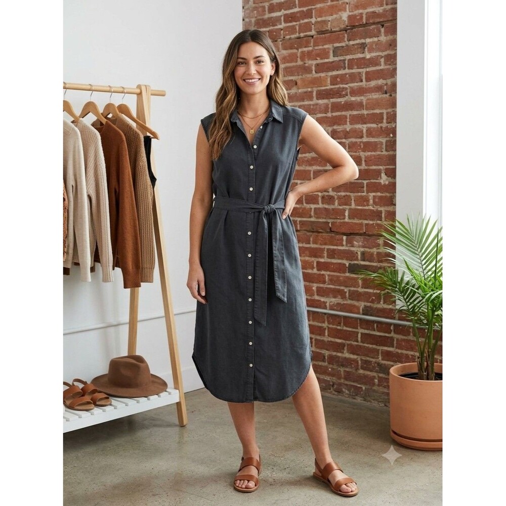 Thread & Supply Tencel Shirt Dress Washed Black Midi Button Front Belted M